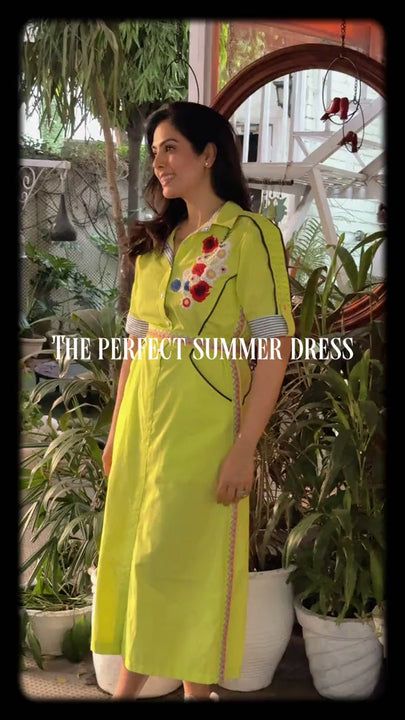 Lime Cotton One Piece Dress with Belt